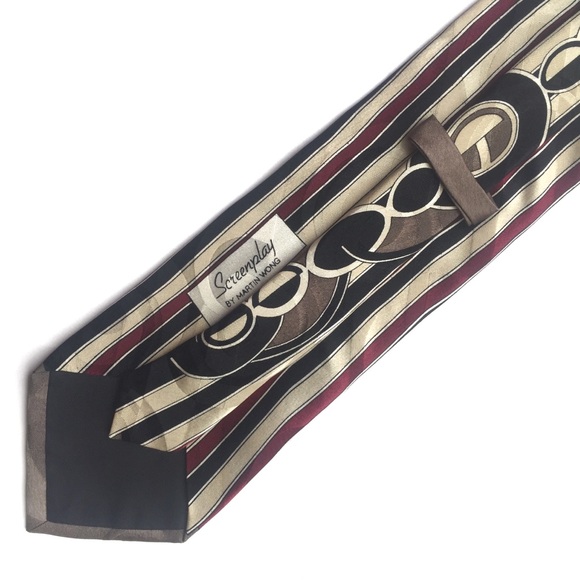 Screenplay by Martin Wong Silk Tie Geometric Black Taupe Burgundy Ivory - Picture 3 of 7